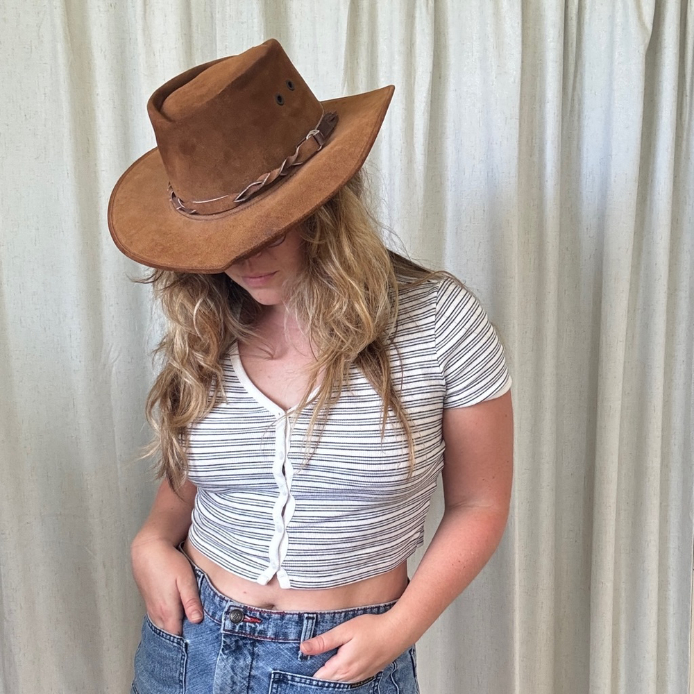 Brumby Hat Co. Australian Brown Suede Leather wide brim hat • Size: L